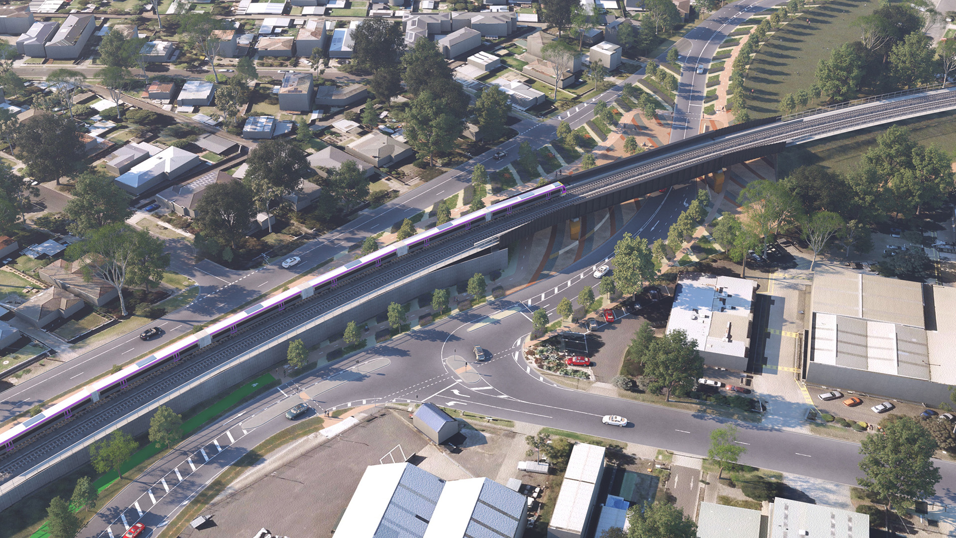 Image: concept image of the New Fyans Street rail bridge, it is depiction from the view from Wood Street. This image features the intersection where Wood Street meets Fyans Street and with the rail bridge with a V/Line train travelling along it in the upper half of the image.