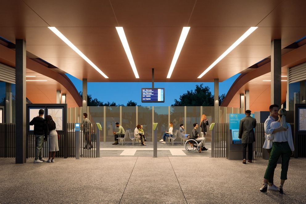 New Ringwood East Station waiting area and entrance. Artist impression, subject to change.