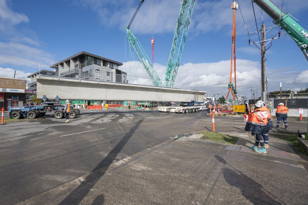 The 30m long concrete L-beams were lifted into place by a giant 650-tonne crane