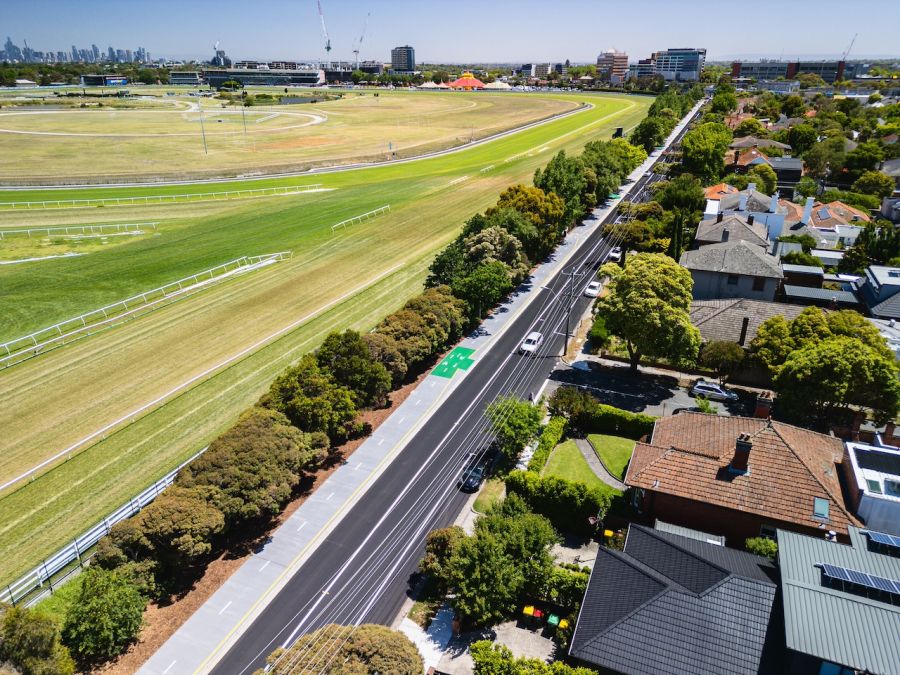 The new cycling path along Queens Avenue from above looking towards Caulfield Racecourse and Caulfield Station.