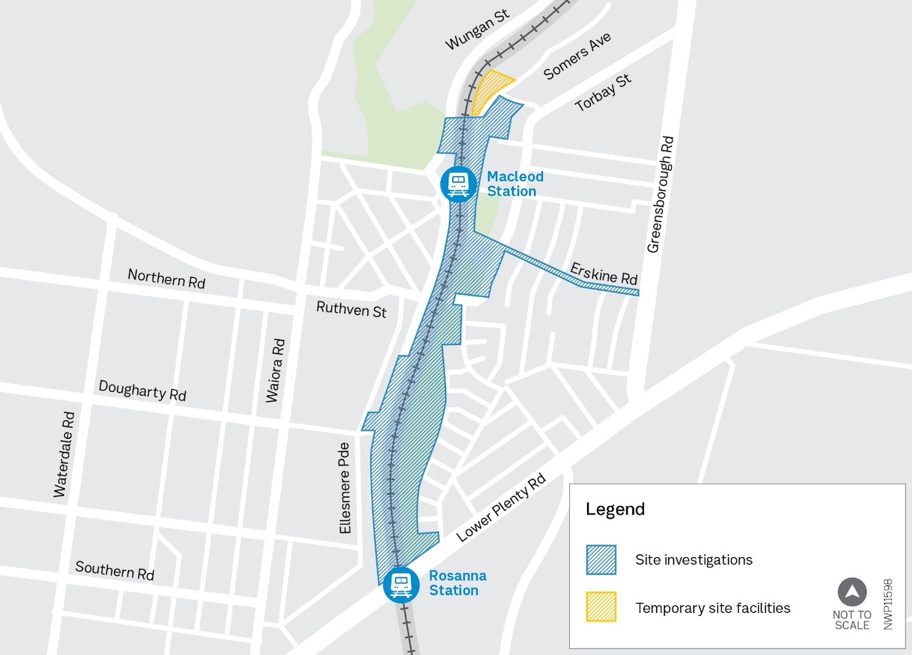 Map showing works area along the Rail Corridor near the Ruthven Street level crossing