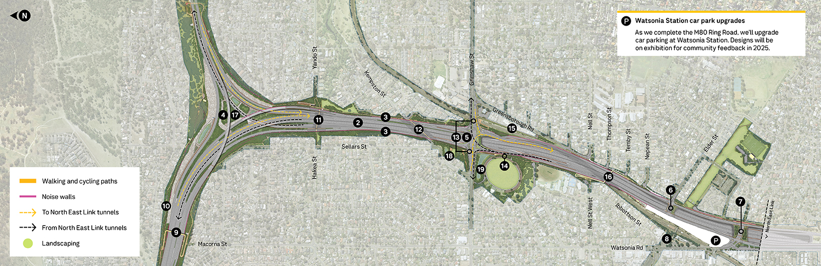 M80 Ring Road interchange, walking and cycling paths, noise walls, to and from north east link tunnels