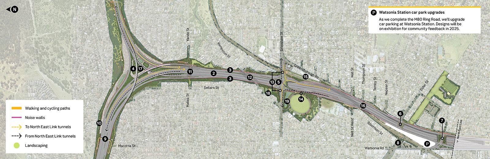 M80 Ring Road interchange, walking and cycling paths, noise walls, to and from north east link tunnels