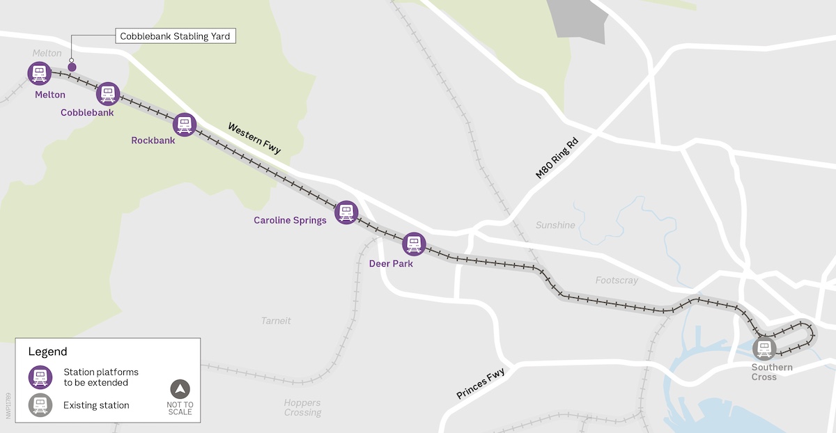 Map of Melton line, showing station platform extensions at Melton, Cobblebank, Caroline Springs and Deer Park.