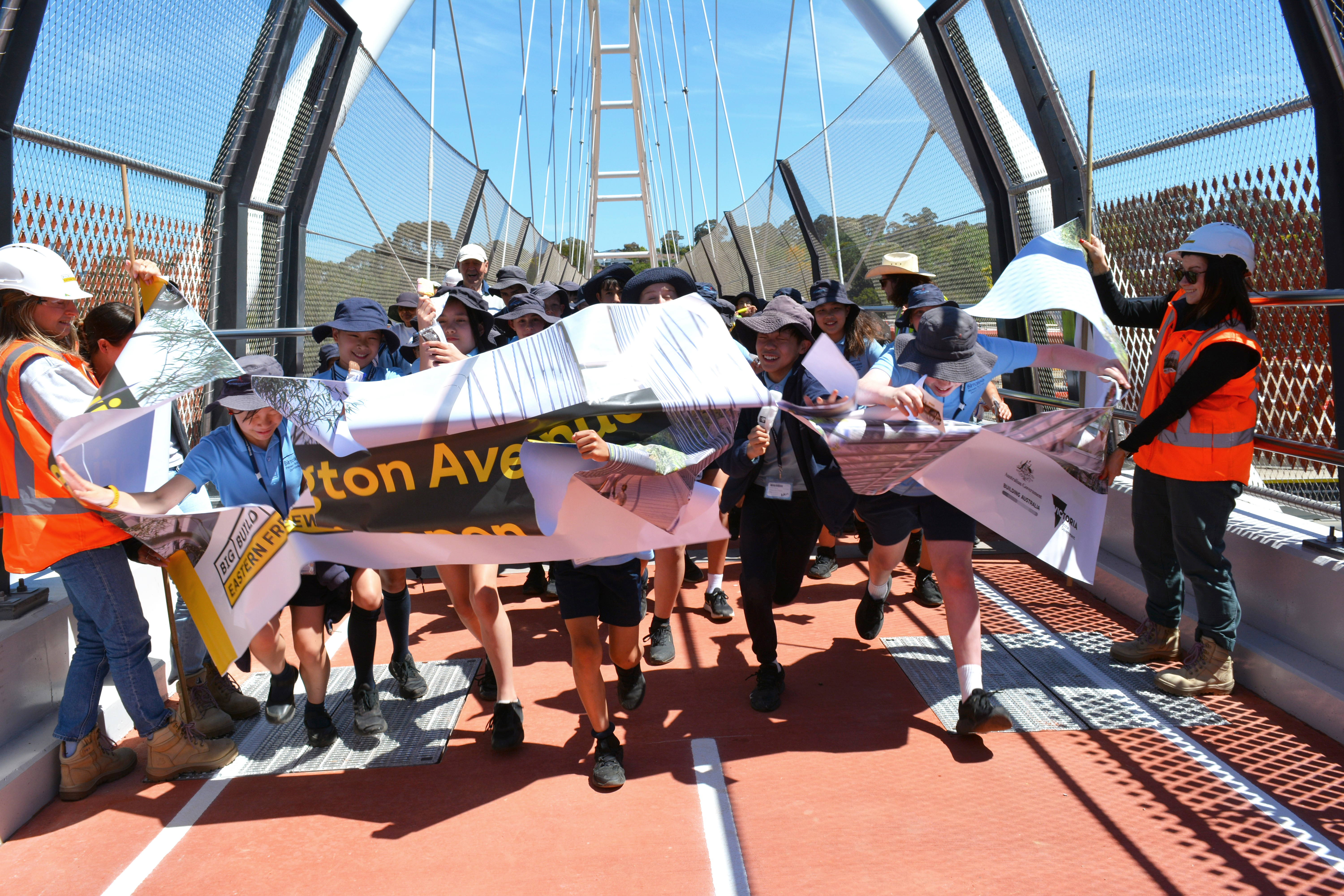 Students from Birralee Primary School celebrate the opening of the new&nbsp;Heyington&nbsp;Avenue bridge.