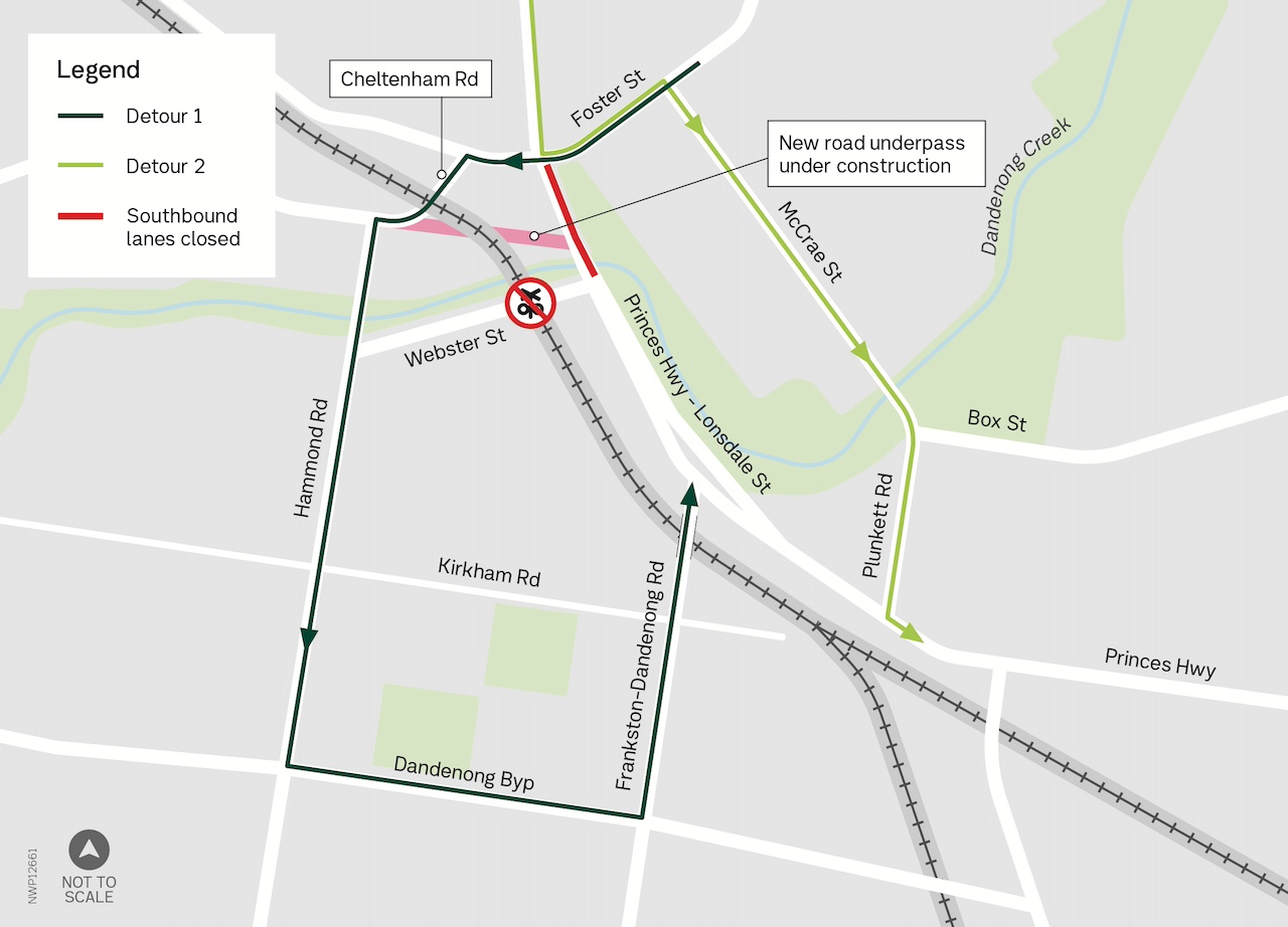 Map showing detour via Cheltenham Road, Hammond Road, Dandenong Bypass and Frankston-Dandenong Road or via Foster Street, McCrae Street and Plunkett Road