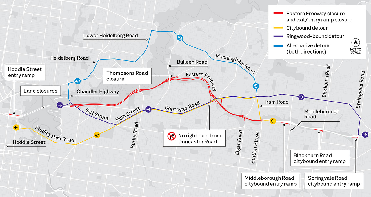 Eastern Freeway Closure – Friday 11 September to Monday 14 September map