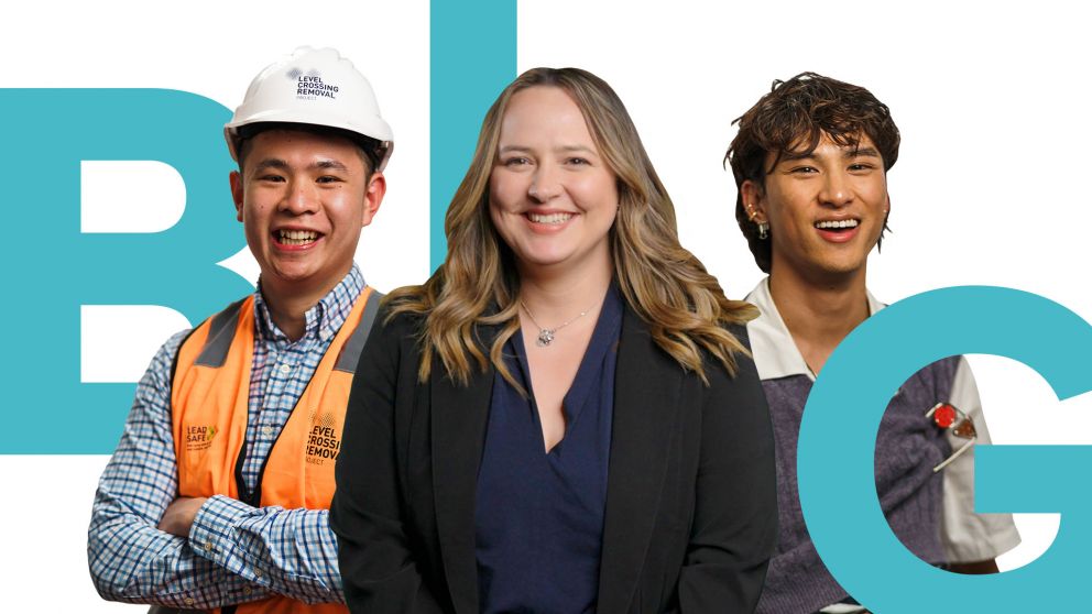 One female and two male participants in the Victoria's Big Build Graduate Programs.