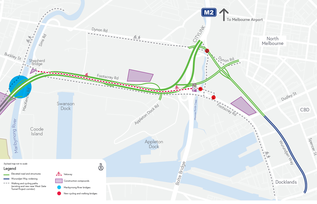 Map showing what we're building around CityLink, Footscray Road and Wurundjeri Way