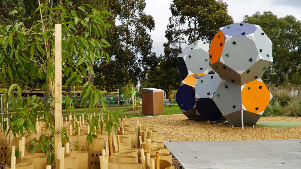A close up of tree planting and outdoor climbing blocks for children at Ford Park in Bellfield. 