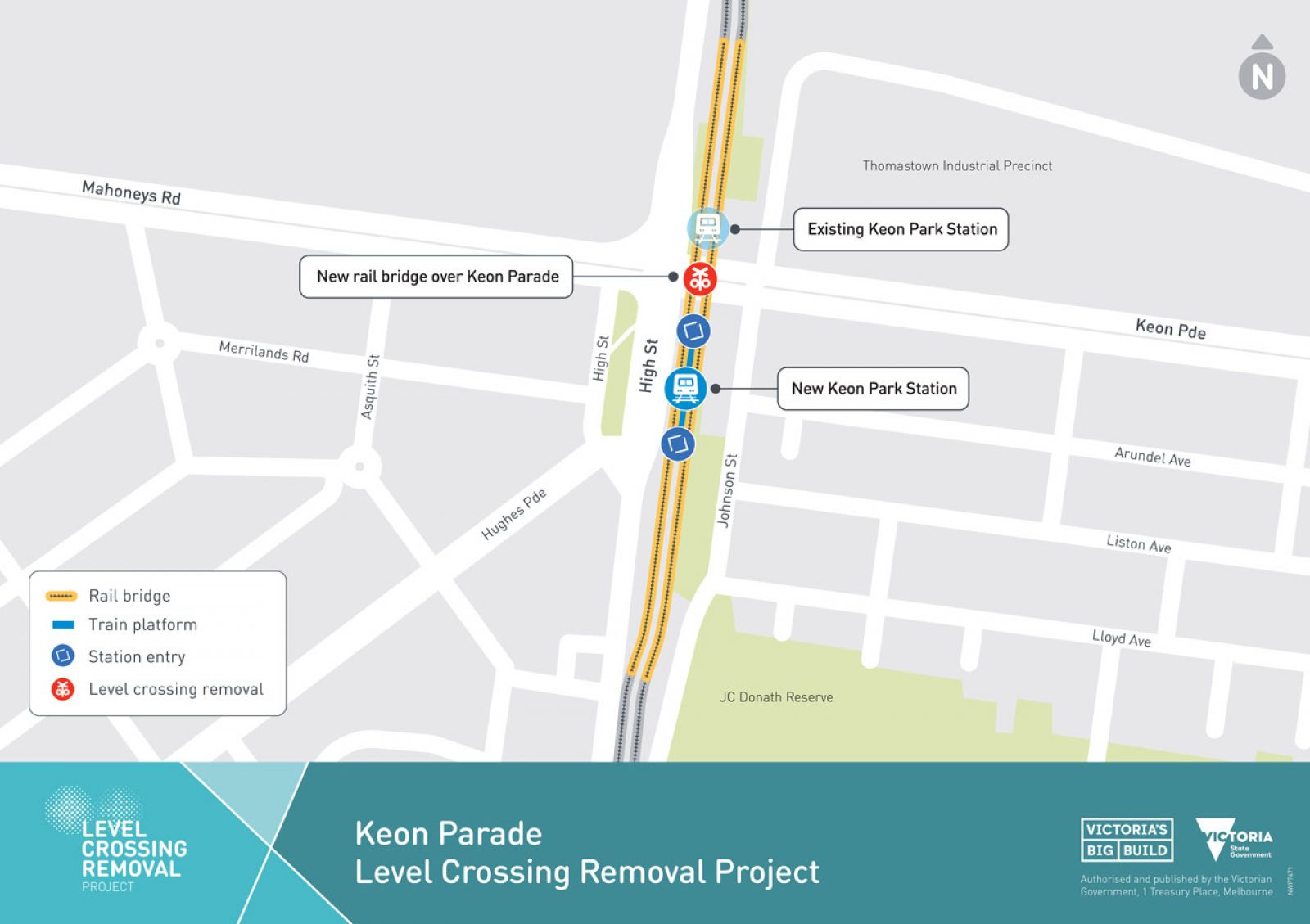 Existing Keon Park Station moving south along High Street towards Hughes Parade/Arundel Avenue. Rail bridge to be build over Keon Parade, from Thomastown Industrial Precinct towards JC Donath Reserve..