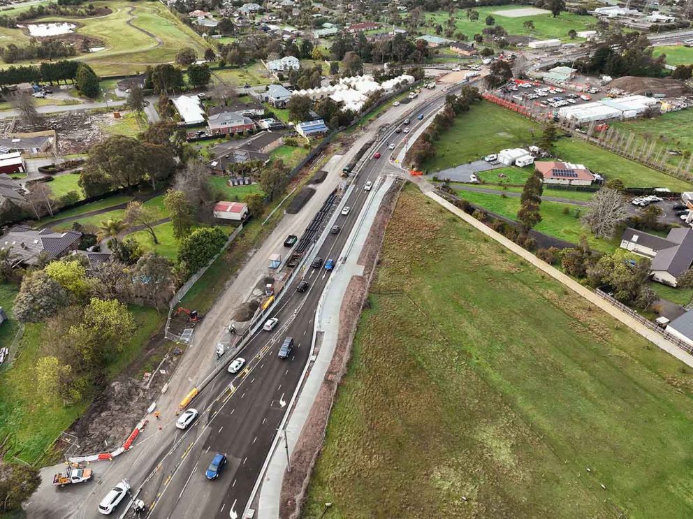 Aerial shot of traffic running on the new northbound lanes while crews start to build the southbound lanes