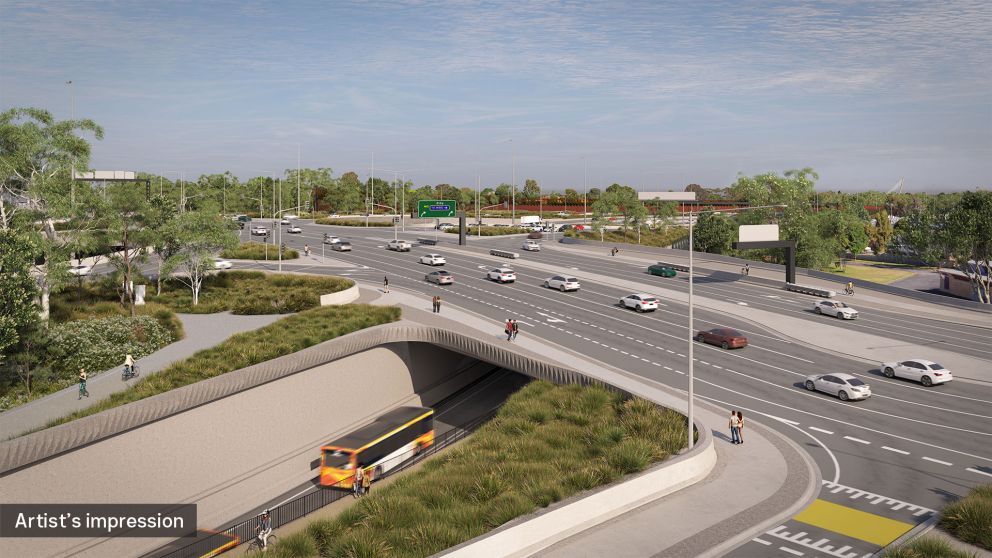 Artist impression of Doncaster Road bridge and express busway in Doncaster.