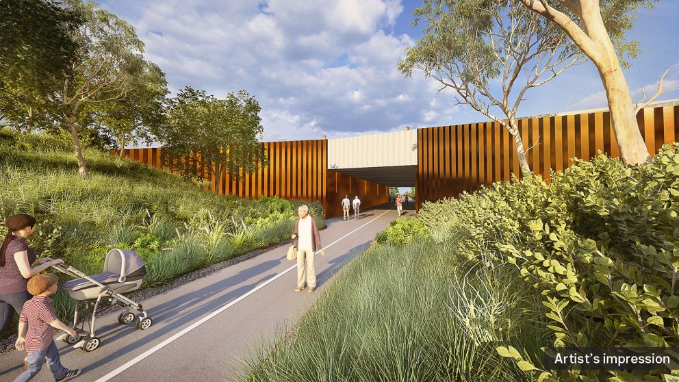 Artist impression of pedestrians using the Koonung Creek Trail underpass in Balwyn North.