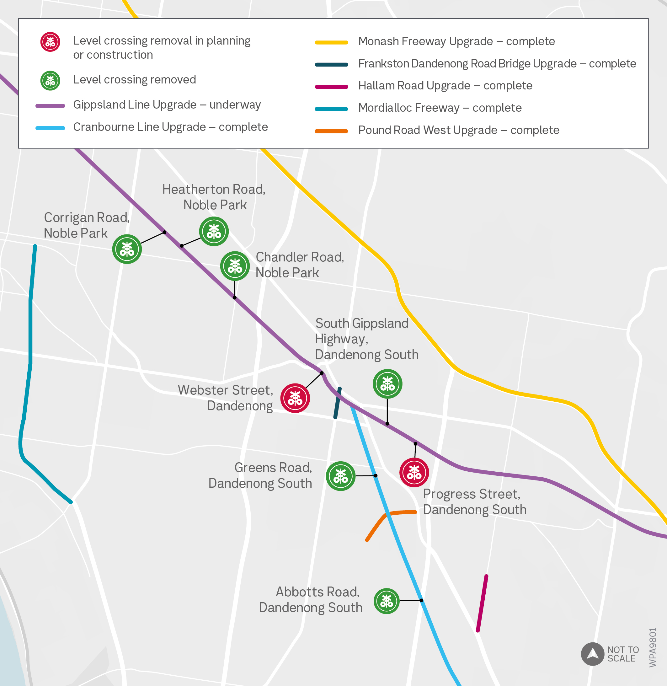 Map of the major road and rail projects across the Greater Dandenong area.