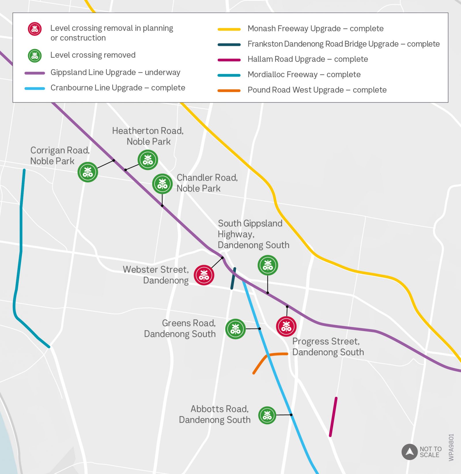 Map of the major road and rail projects across the Greater Dandenong area.