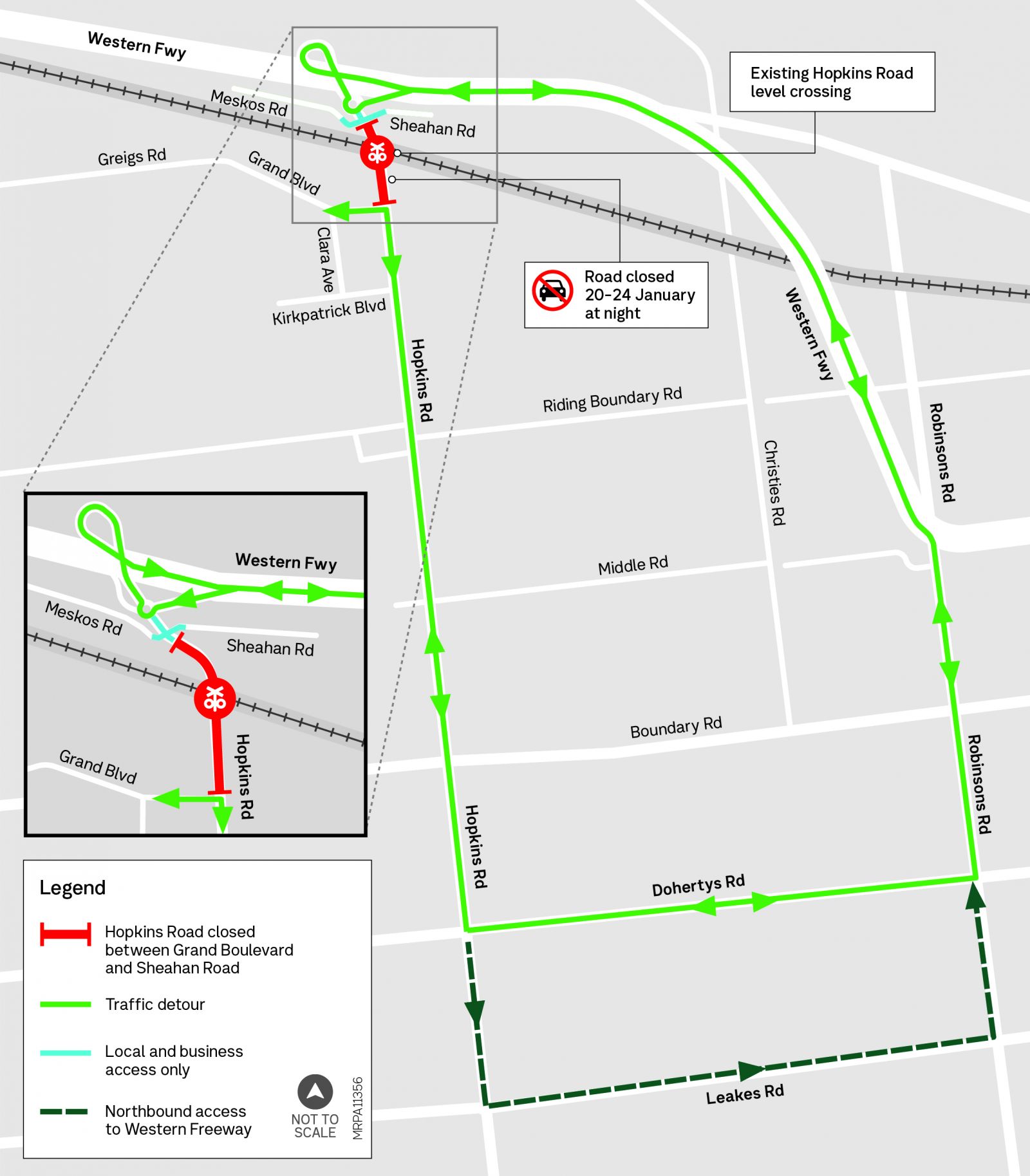 Map of detour for closure of Hopkins Road level crossing using Robinsons Road Western Freeway Exit 