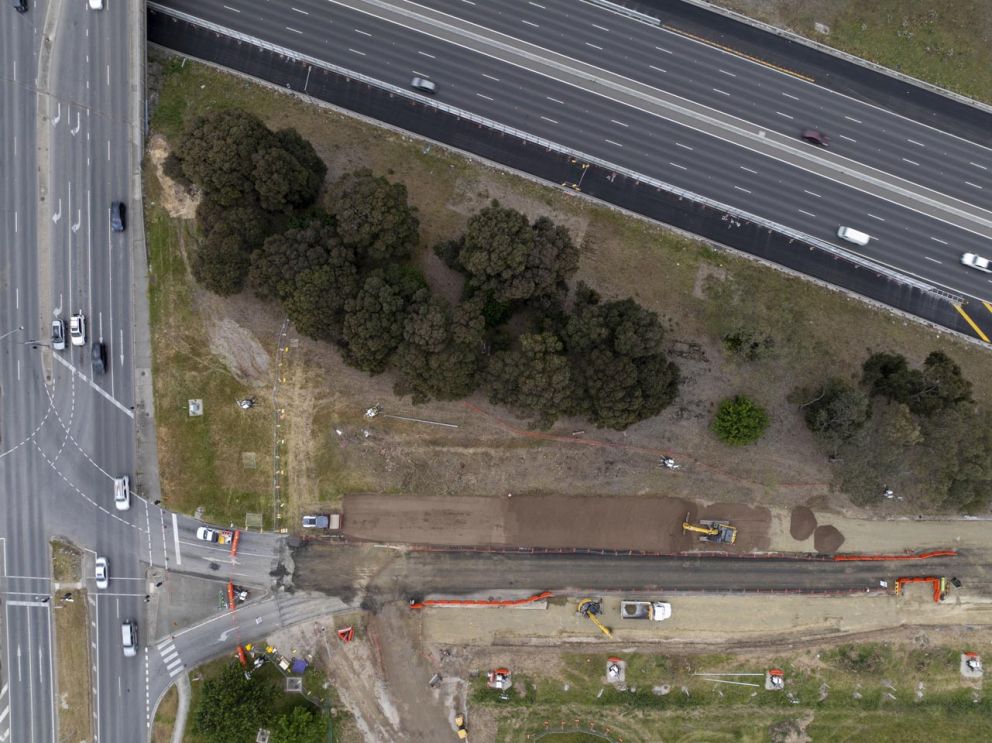 Aerial view of the Princes Freeway ramp widening works