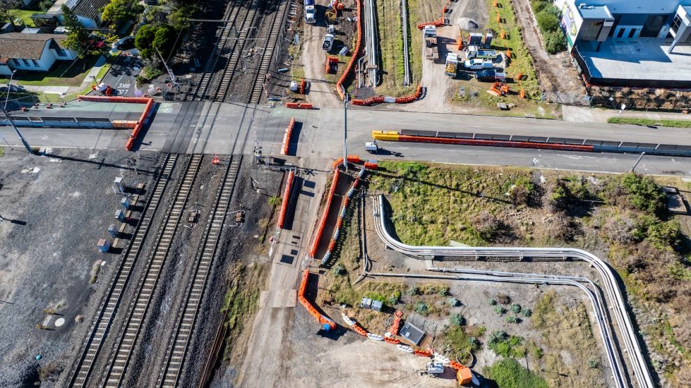 Aerial view of thee Maddox Road level crossing