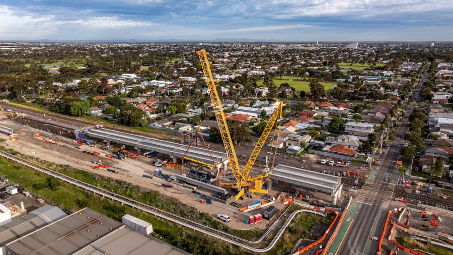 Overhead view capturing the progress on the rail bridges at Maddox Road
