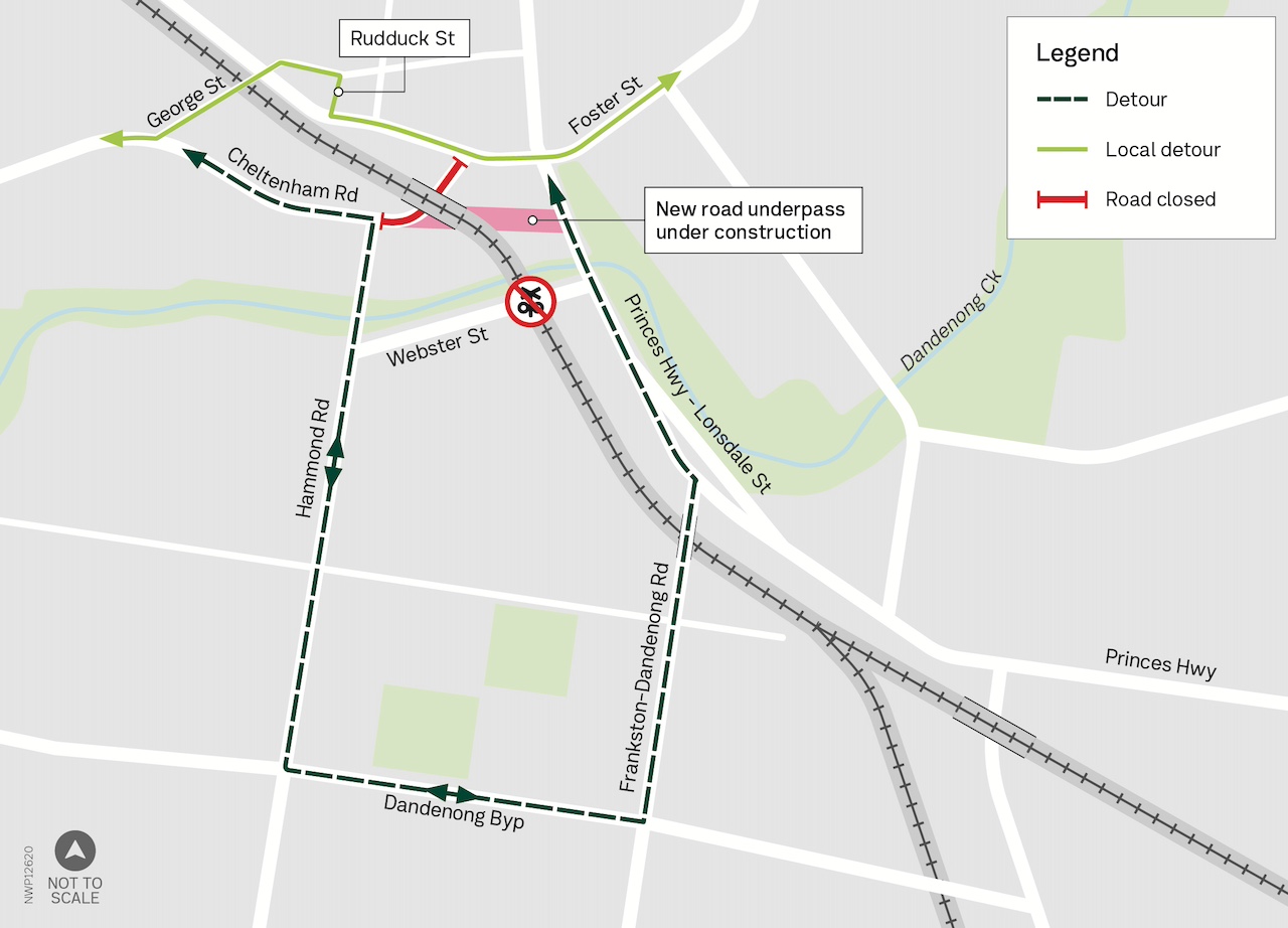 Map showing detour via Frankston-Dandenong Road, Dandenong Bypass, Hammond Road and Cheltenham Road or via George Street and Foster Street