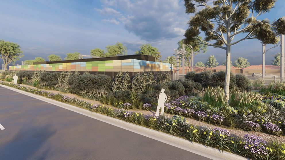 Artist impression of the new substation, with high-quality plants and landscaping, looking west on Willaton Street, St Albans