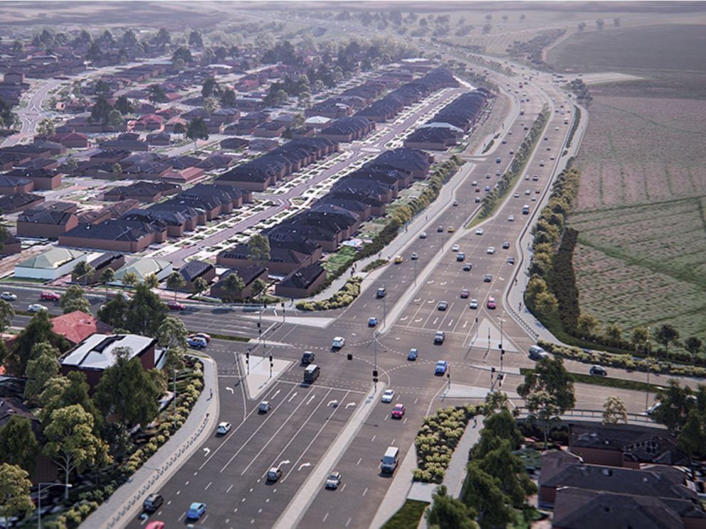 Artist impression of the O’Shea Road extension towards the Beaconsfield interchange. The left hand side of the impression shows housing, the right hand side shows bare land.