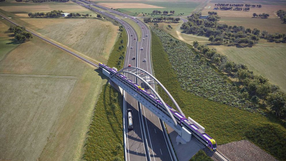 Artist impression of the new rail bridge and duplicated highway with the upgraded Settlement Road intersection in the foreground