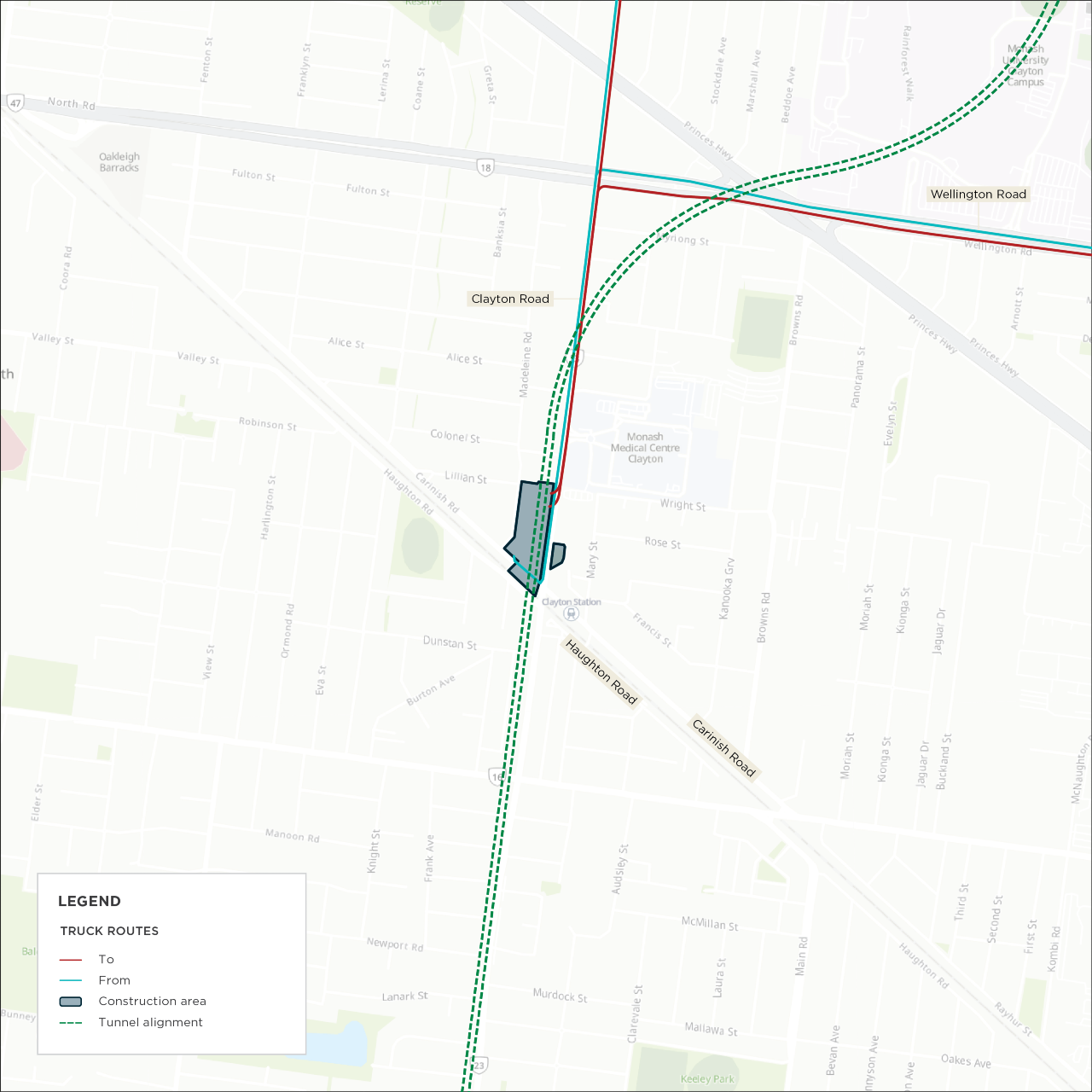 Map: Clayton primary construction vehicle routes