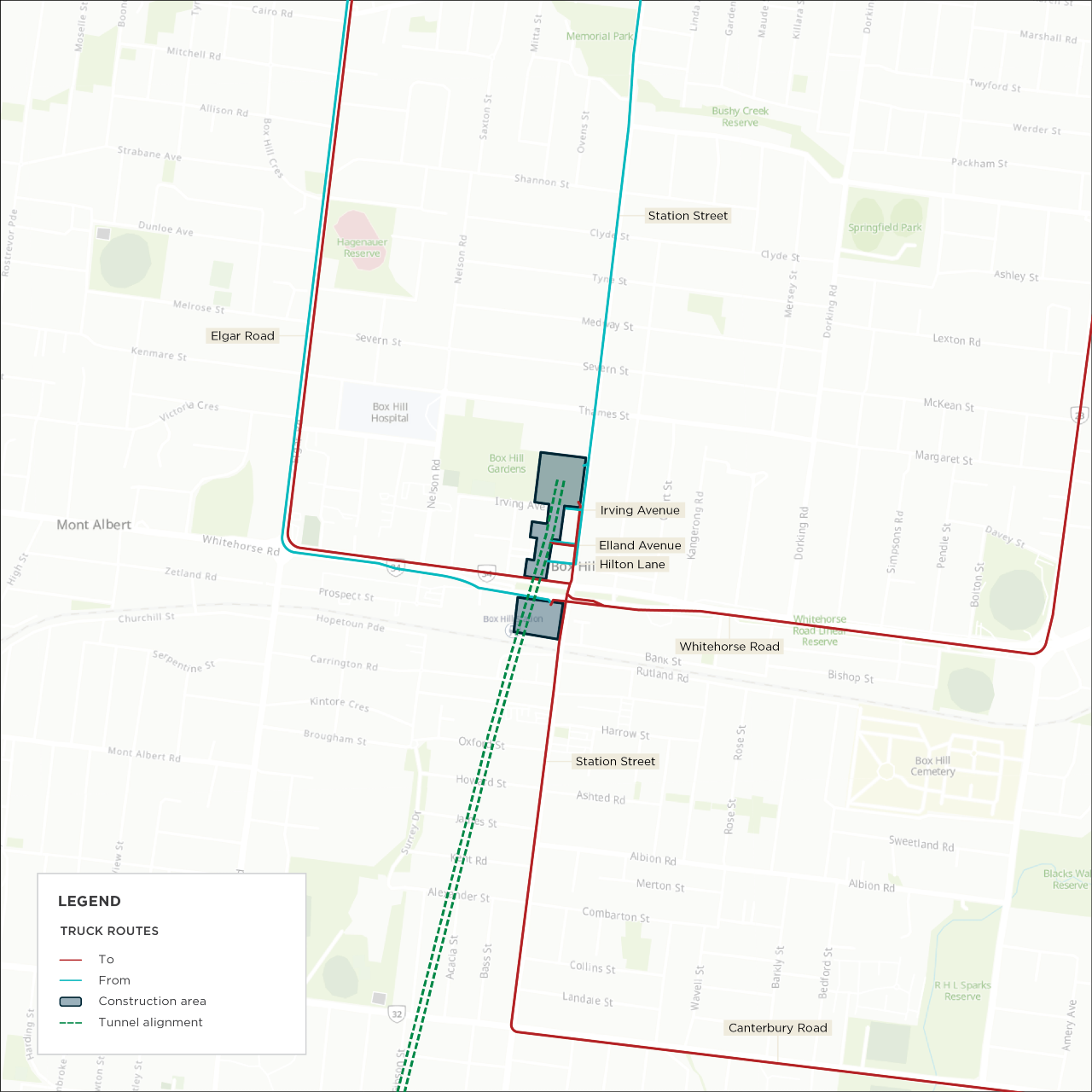 Map: Box Hill primary construction vehicle routes