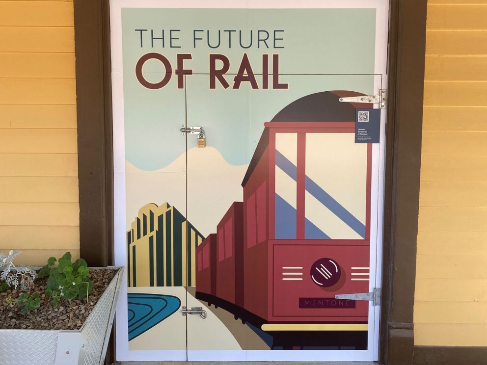 Wall sized postcard of a train