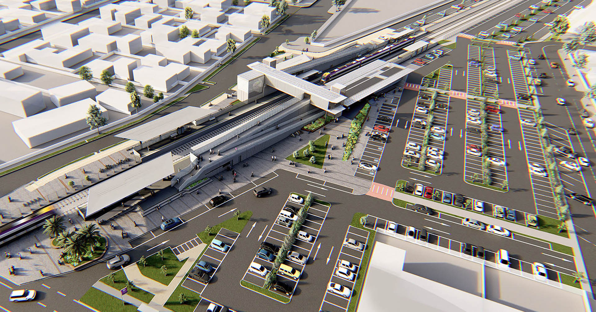 concept image of South Geelong Station from an aerial perspective from Yarra Street. The foreground of this image features the car park on the southern side of the station with access from Yarra Street. The middle ground features the new station complex, including the new overpass and station forecourt area. 