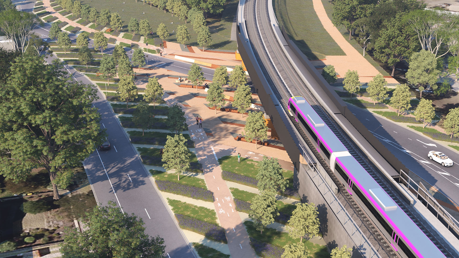 concept render showing an aerial perspective of Fyans Street from Carr Street. The right-hand side of this image shows the elevated rail bridge over Fyans Street with a V/Line Train travelling on it. The centre of the image shows the shared user path along Carr Street with pedestrians walking along the path. The left-hand side of the image shows a car travelling along Carr Street. 