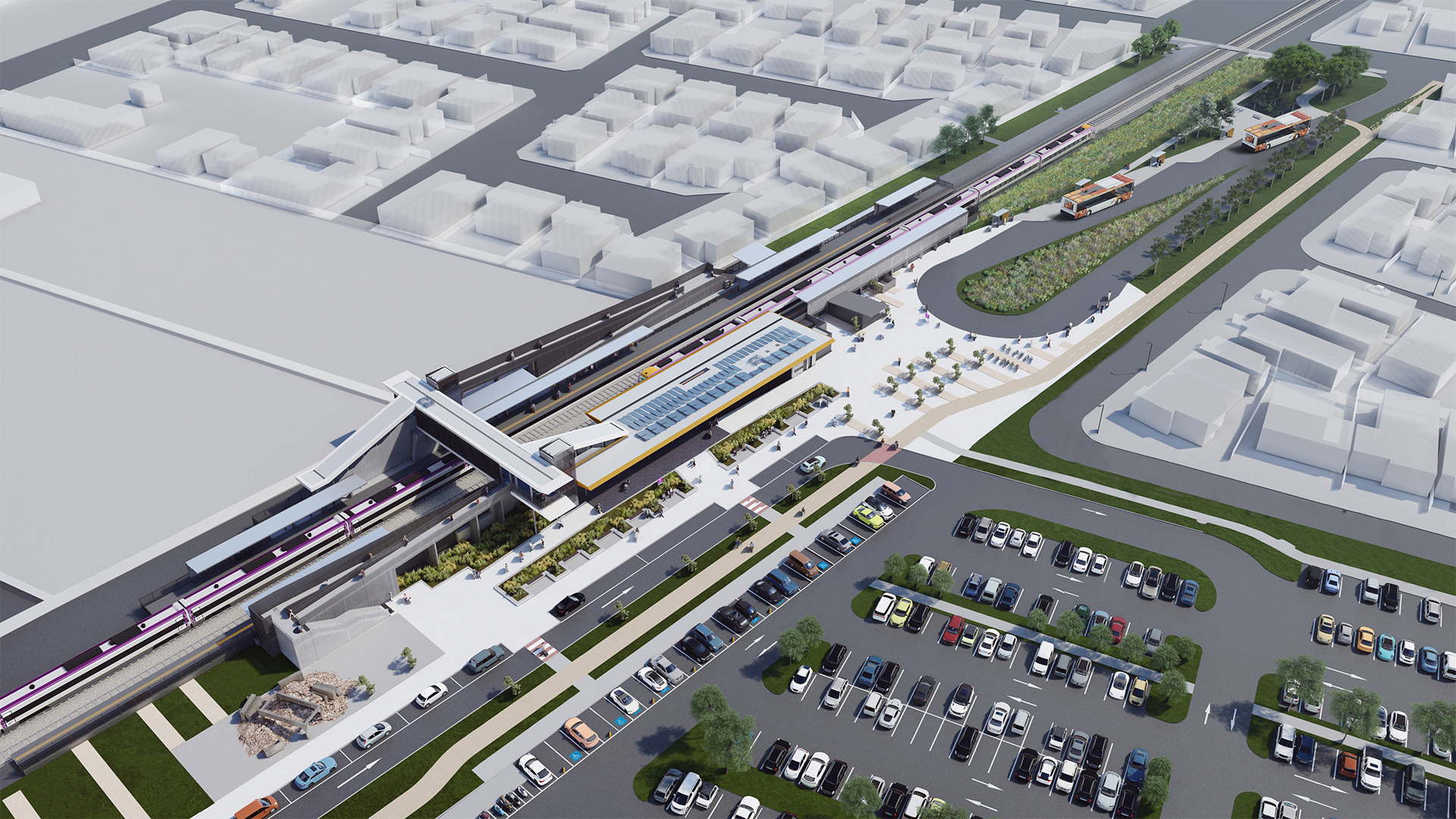 Aerial concept of Marshall Station. The bottom right-hand corner of the image shows vehicles parked in the car park at Marshall Station. In the left hand-side of the image the heritage concrete remnants of the cement pipe factory can be seen next to the accessible ramp from the station platform. In the middle ground of the image, a V/Line train can be seen waiting at the station platform.