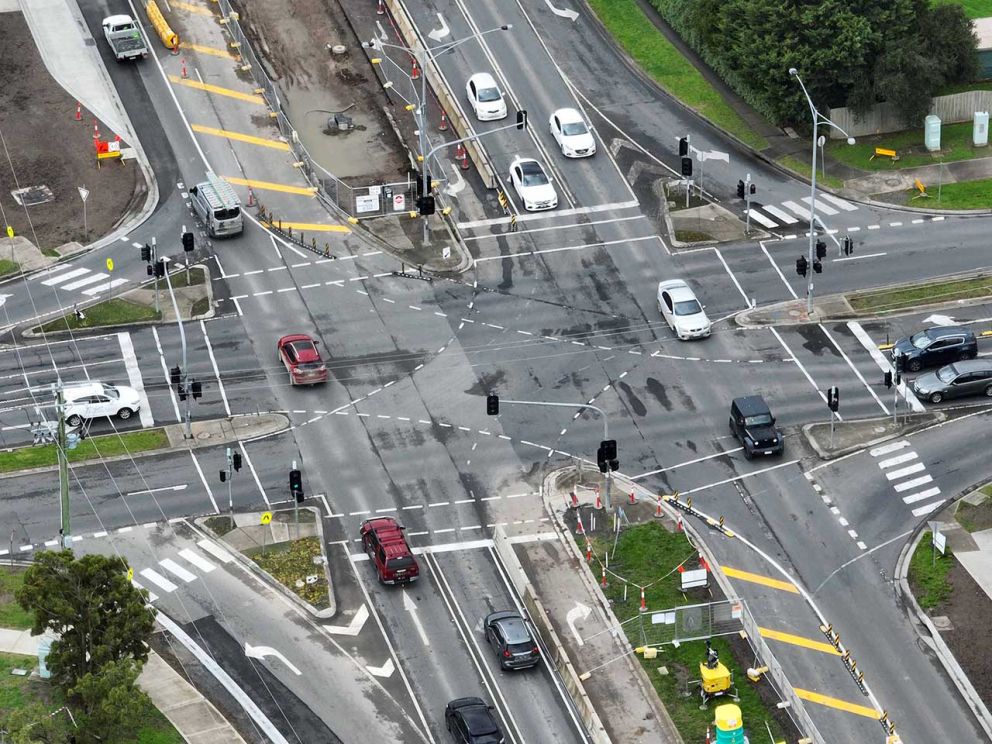 Aerial shot of works underway at the Ernst Wanke and Narre Warren North roads intersection