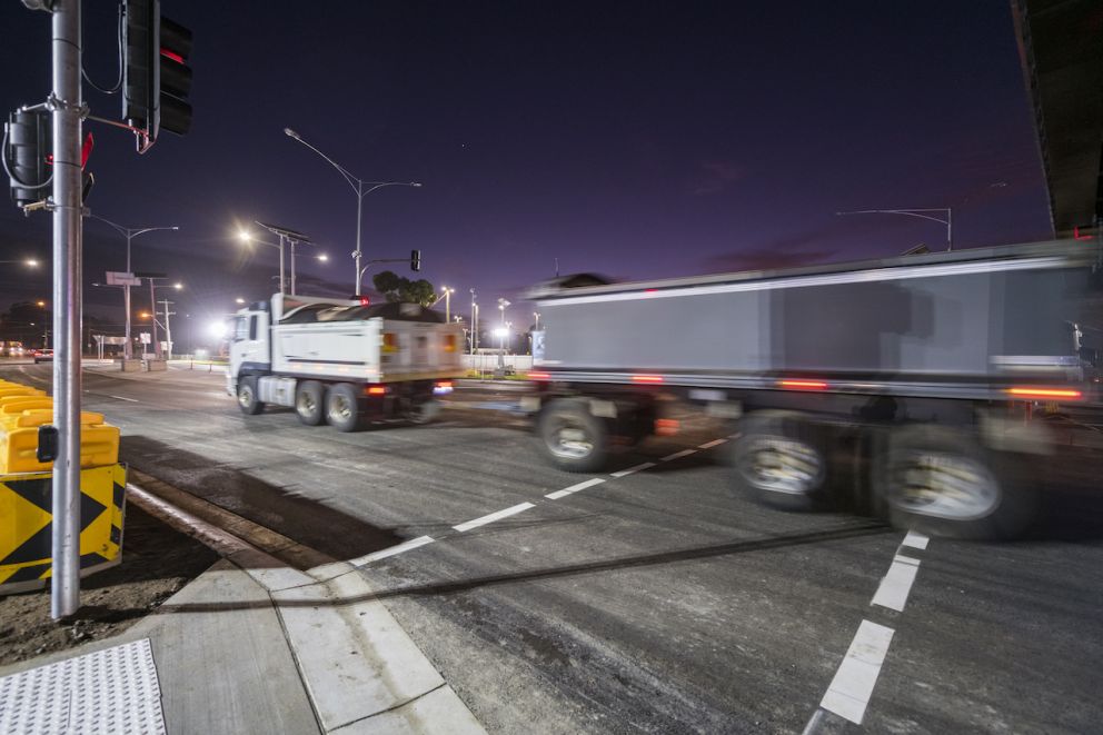 Vehicles use the reopened Mt Derrimut Road.