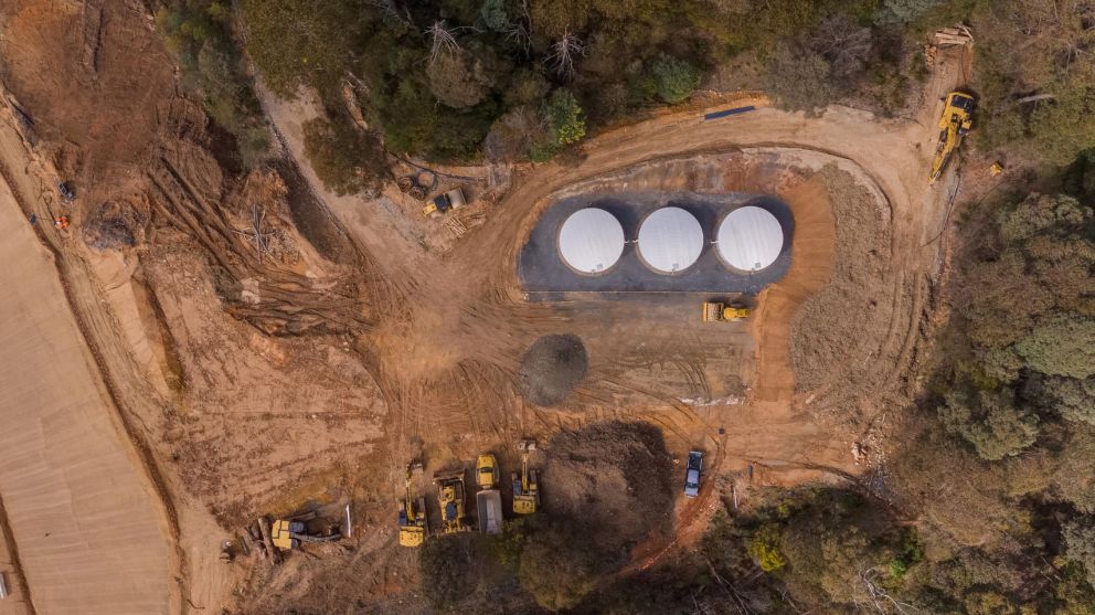 Aerial view of temporary water tanks feeding water to Bogong Village