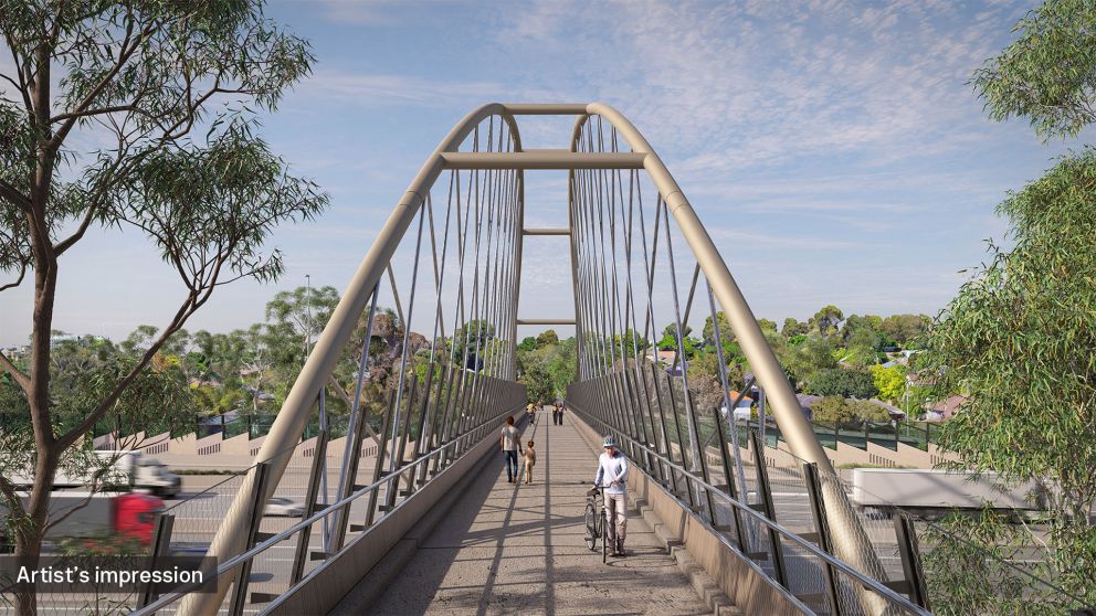 Artist impression of pedestrians and cyclists using the Heyington Avenue bridge in Doncaster.