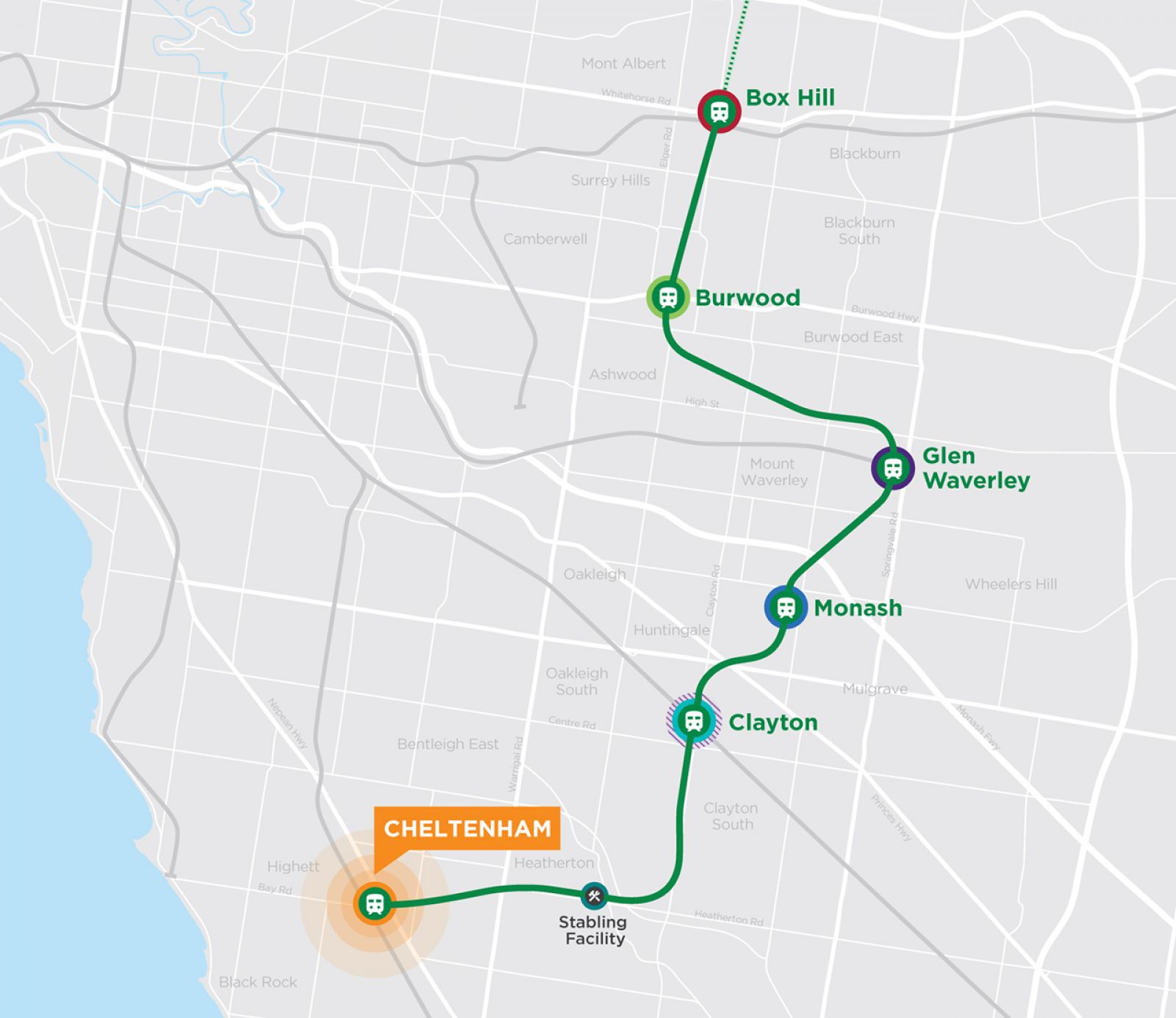 Illustration demonstrating the SRL East train line.  