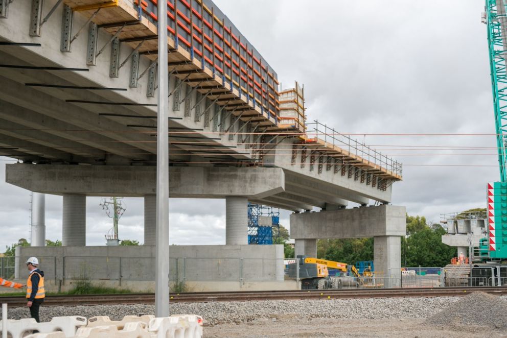 Bridge beams have been lifted into place to form the new road bridge