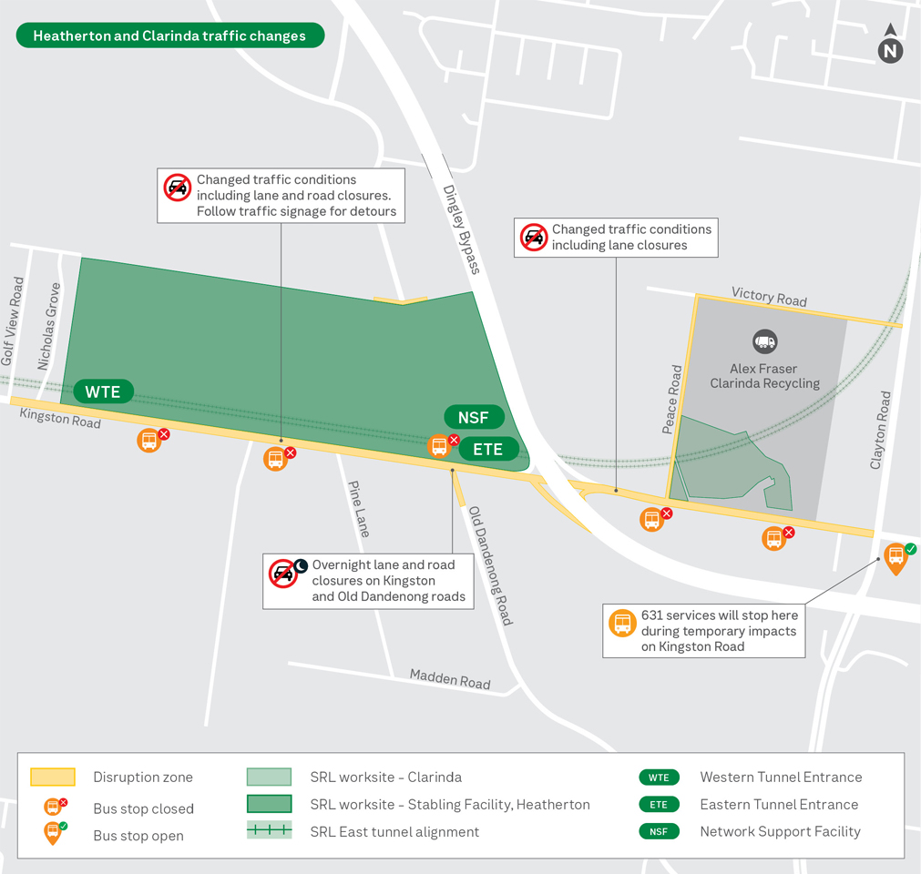 Heatherton and Clarinda traffic changes showing the Stabling Facility in Heatherton and SRL worksite in Clarinda.
