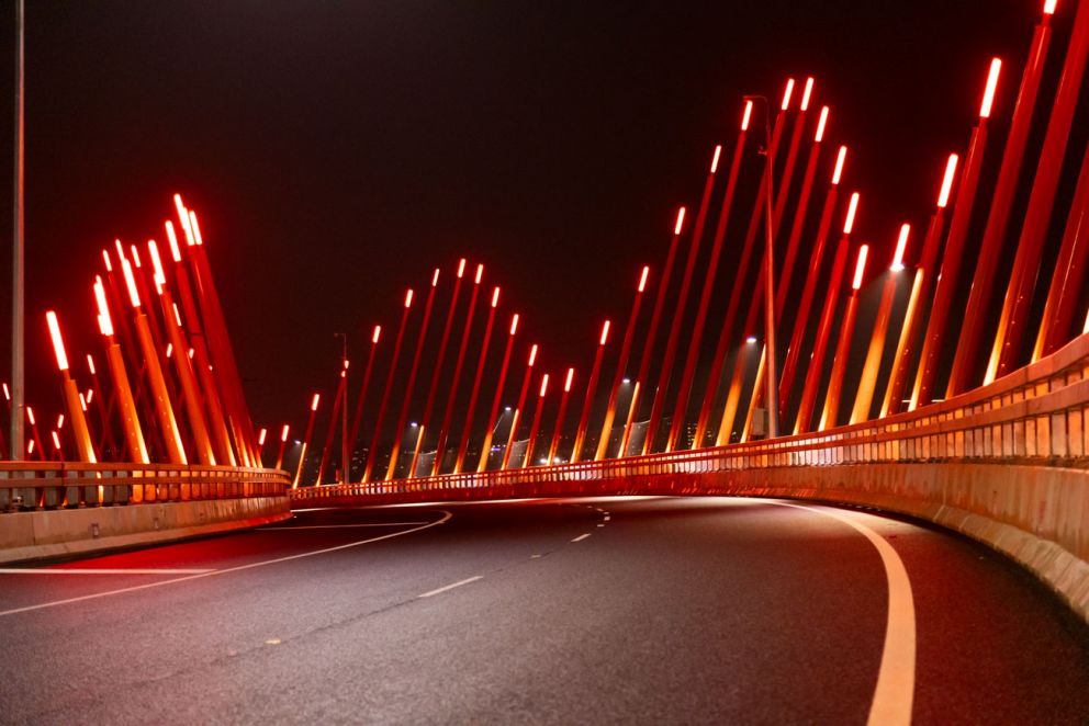 The orange lighting poles at the CityLink ramp serve as bookends to the West Gate Tunnel Project.