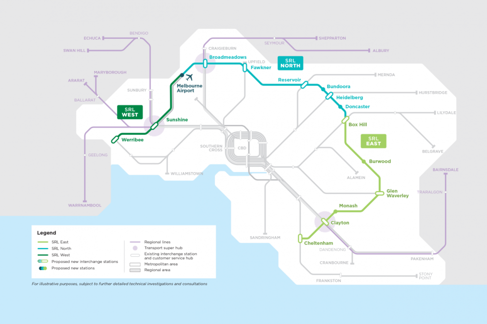 Suburban Rail Loop map. Rail line has three sections - SRL East, SRL North and SRL West.