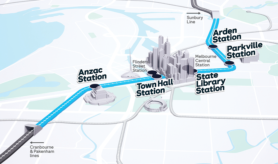 Map showing the five new train stations described below