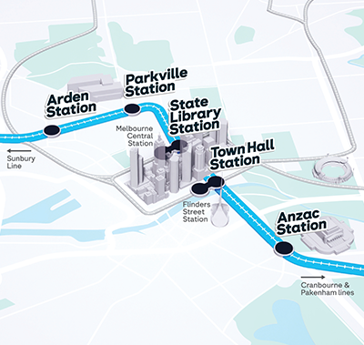 Map showing the five new train stations described below